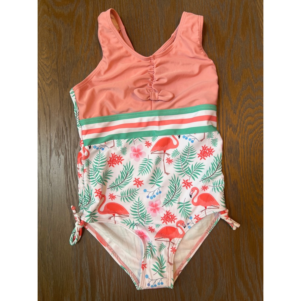 Flamingo Tropical Floral One Piece Swimsuit Pink White 7T